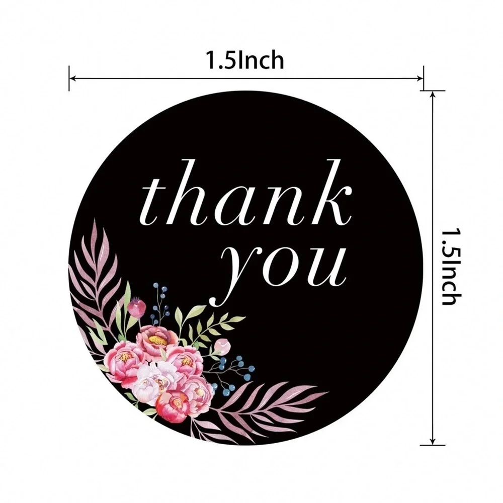 Any 2/$20! One Roll of 500 Black Floral 1.5” Thank You Stickers - Picture 6 of 7